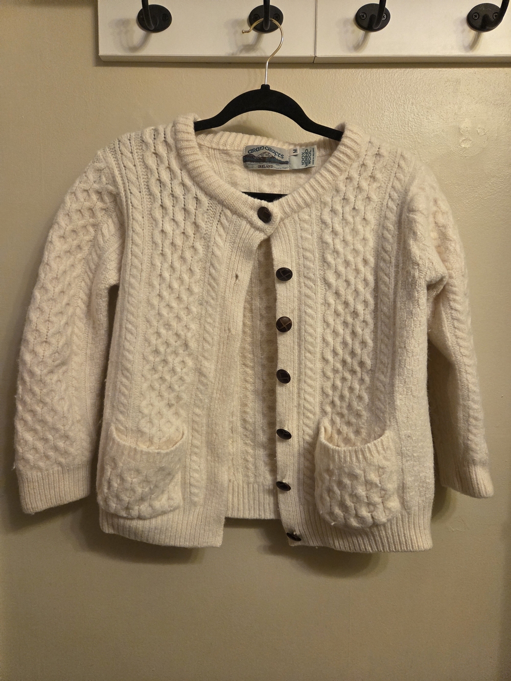 Aran Crafts 100% Merino Wool Irish Cable Knit Cardigan Sweater - Medium Cream